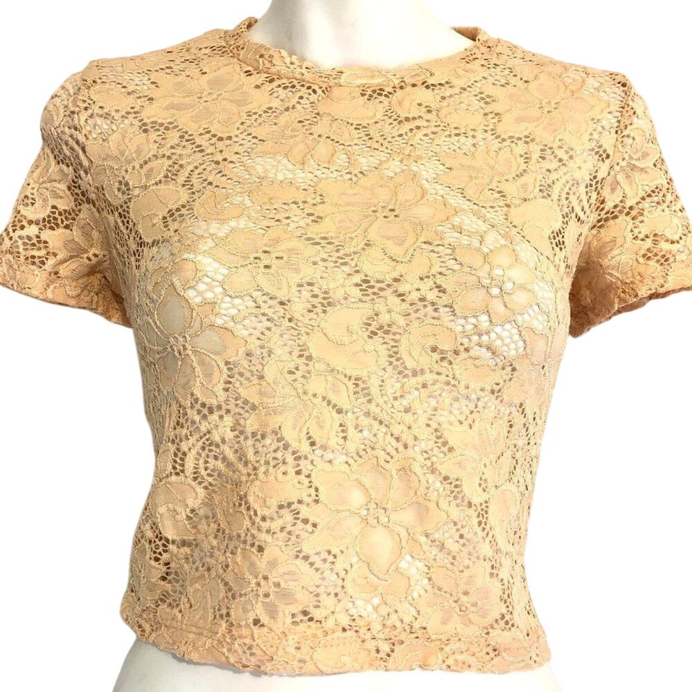 ZARA TRAFALUC Peach Floral Lace Crop Top Shirt ~ S